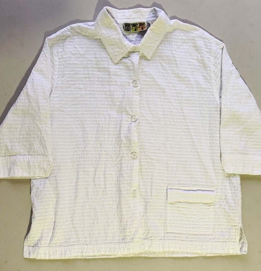 Palm Grove Women PXL Relaxed White Cotton Seersucker Hawaiian Button-Up Shirt